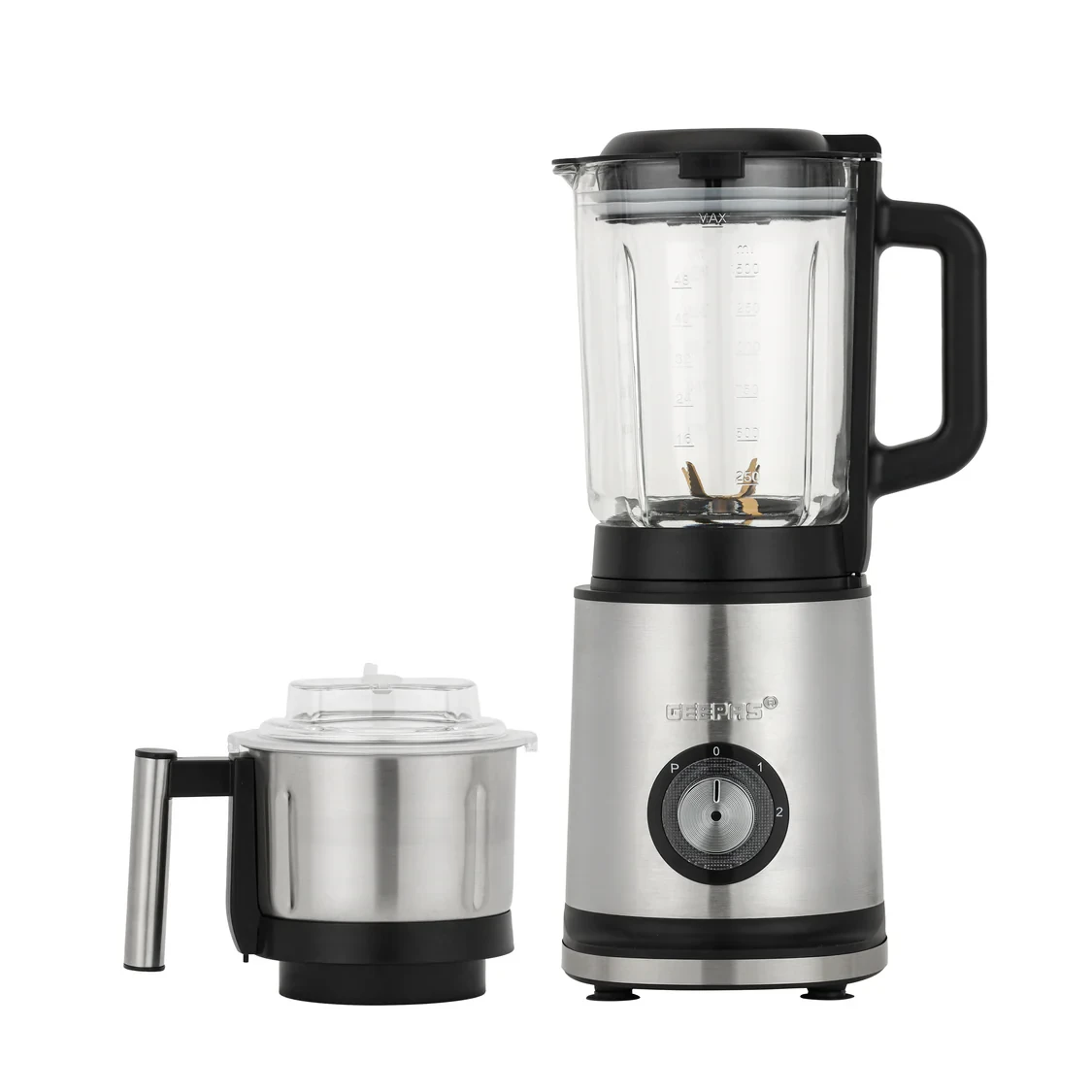 Geepas 2-in-1 Professional Blender - GSB44050, 1200 watts, 2.2 liter transparent jar and stainless steel grinder attachment, with 2 speed settings and LED light indicator.