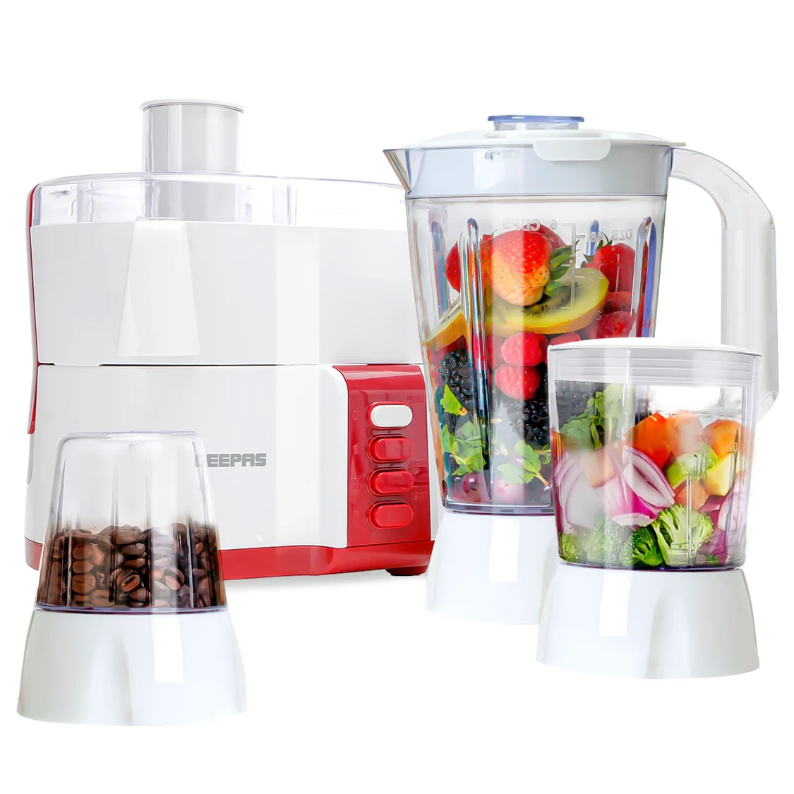 Geepas 4-in-1 Food Processor GSB9890 features a 600W powerful motor, 2-speed settings along with a pulse control option.