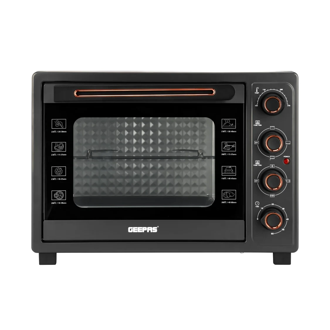 Geepas Electric Oven GO34060 has a capacity of 58 liters and uses 2100 watts of power. It includes a rotisserie and convection function for cooking