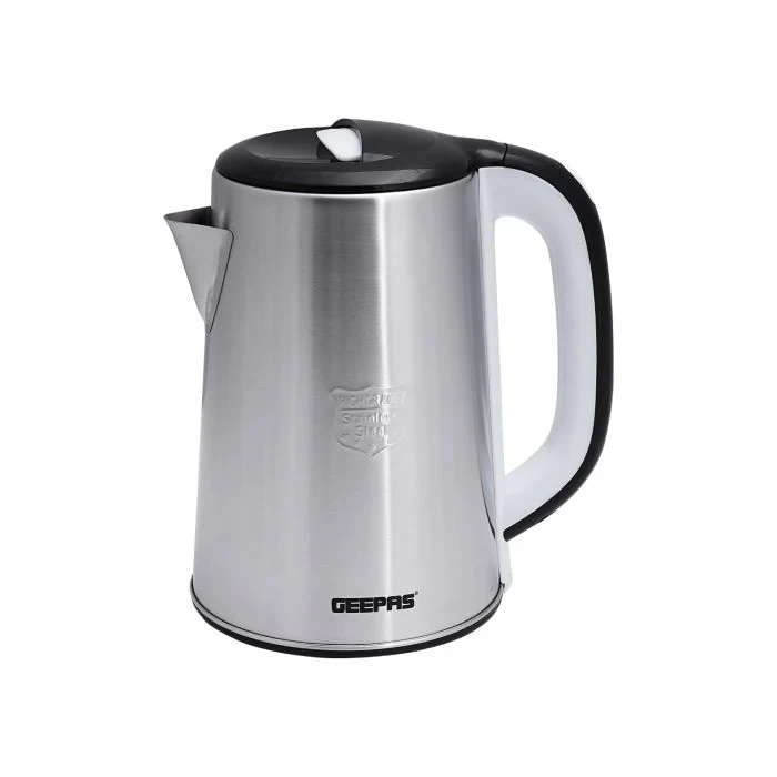 Geepas Stainless Steel Electric Kettle with 2.5 liters capacity model GK38028, 1600W power, includes built-in safety features, made with durable design, perfect for use at home, office, and while trav