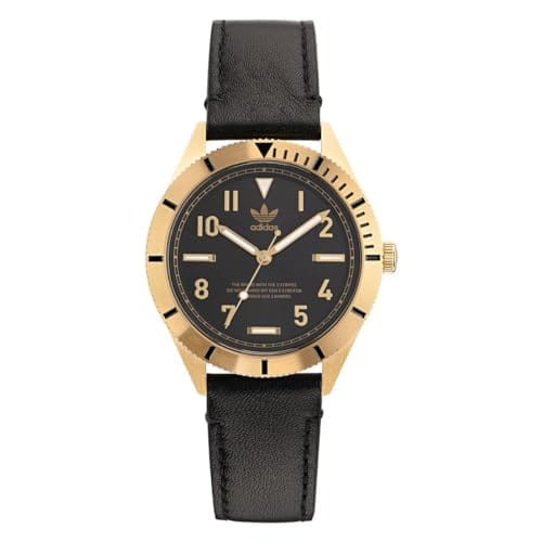 Adidas Originals makes a unisex watch that is shaped like a three-quartz 41mm timepiece with a black eco-leather strap.