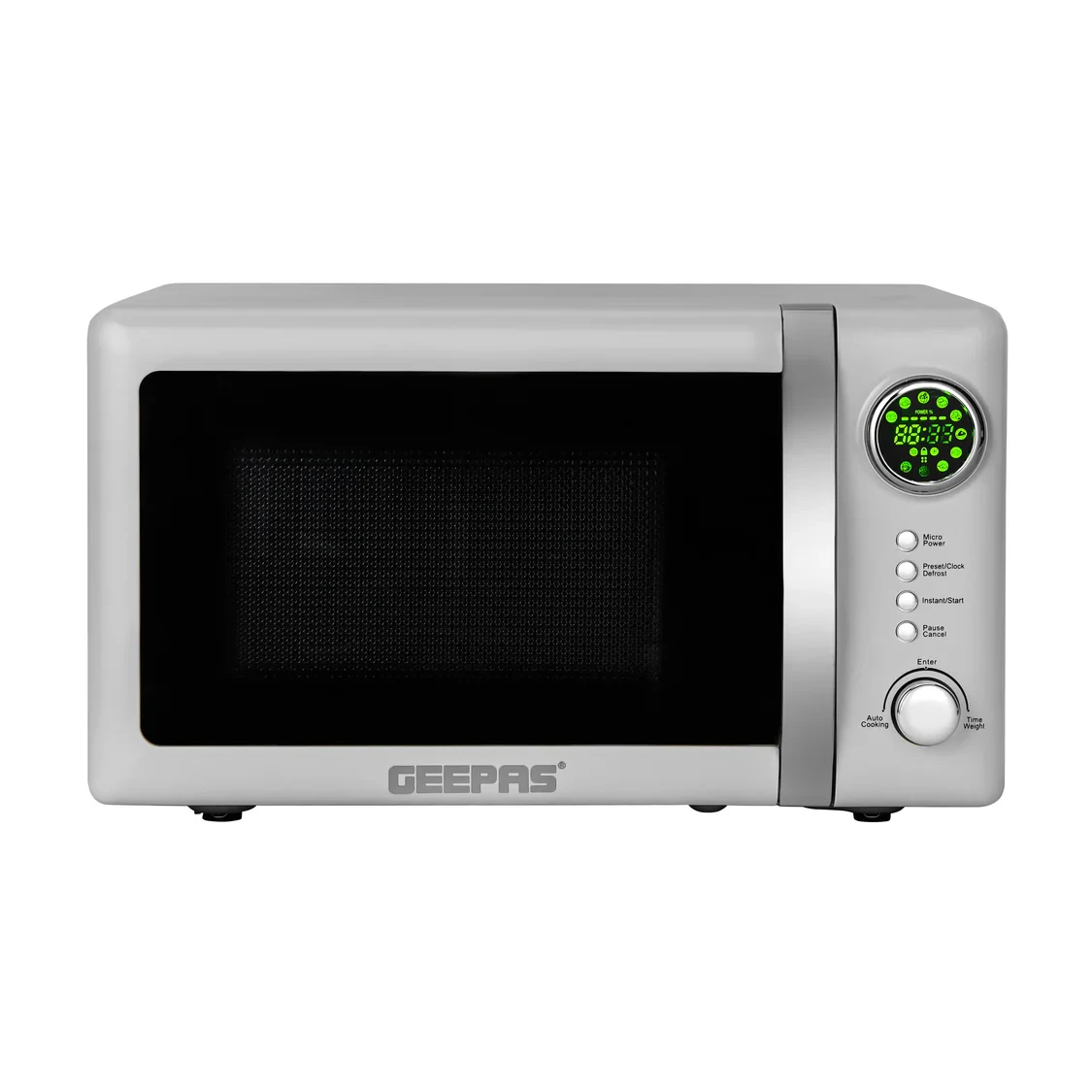 Geepas 20-liter digital microwave oven GMO2026GW has 700 watts of power. It comes with 12 preset settings. It also has a grill and defrost function