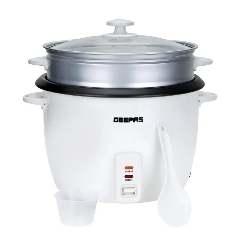 Geepas Automatic Rice Cooker GRC4327 comes with a 2.8-liter big pot, uses 900 watts of power, and has functions for cooking, steaming, and keeping food warm. It features a non-stick inner pot and is d