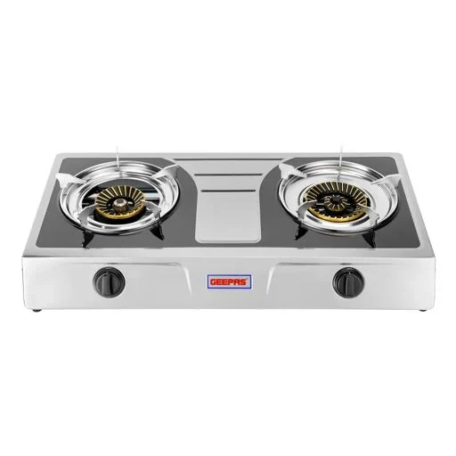 Geepas GK6856 stainless steel gas cooker with two cast iron burners, automatic ignition system, high efficiency, 5.6kW power, low gas consumption, and saves 60% energy.