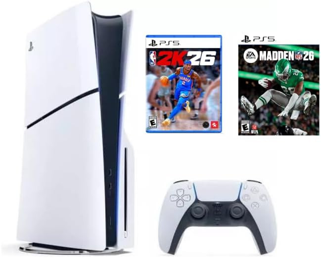 Sony PlayStation 5 Slim edition with disc drive, comes with NBA 2K26 and Madden NFL 26 International versions, 1TB SSD storage, supports 4K gaming, and includes a DualSense Wireless Controller.