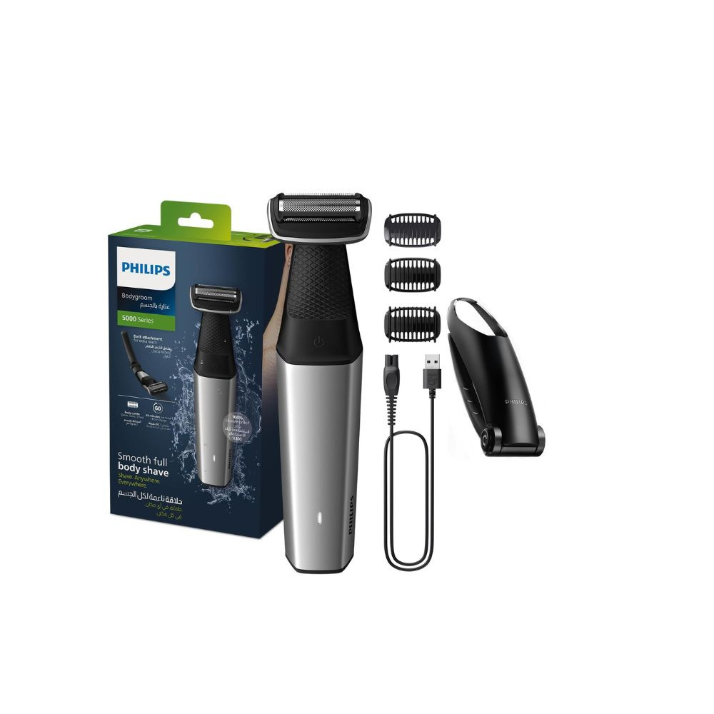 Bodygroom BG5021/15,Showerproof Groin & Body Trimmer,Body Shaver, 3-Length Combs,60min Cordless, Skin Protection, Back Reach Attachment Black/Grey