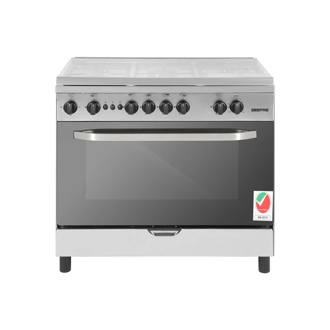 Geepas GCR9060FSE is a freestanding full gas cooking range with dimensions 90 inches by 60 inches. It features five gas burners, self-ignition for easy lighting, a closed door grilling system
