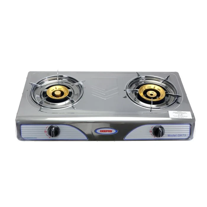 Geepas GK73 stainless steel gas stove offers strong 7kW dual burners with automatic ignition, built for long-lasting use and efficient cooking.