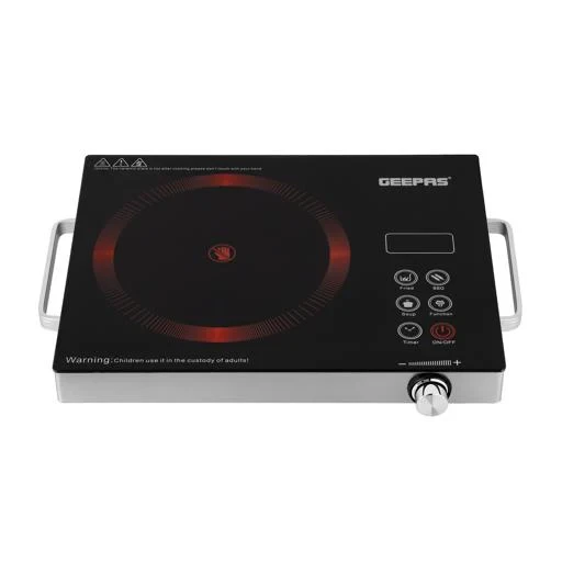 Geepas Digital Infrared Cooker GIC6920 with a 2000W ceramic heating element, offers various cooking stages, features touch controls, has a 4-digit LED display, and is designed to be easy to carry arou