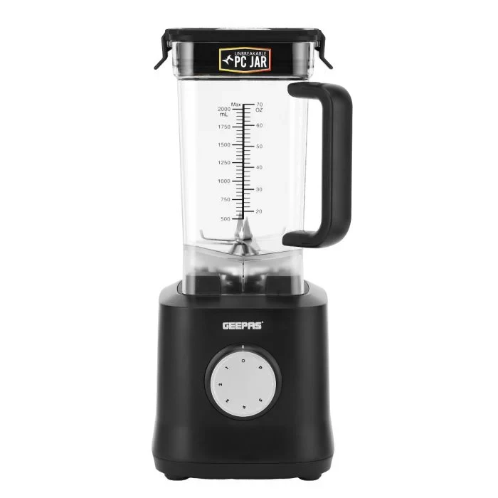 Geepas 2-Liter Professional Blender GSB44078N, featuring a 2000W powerful motor, 5 speed settings with a pulse function, an unbreakable jar, and stainless steel blades.
