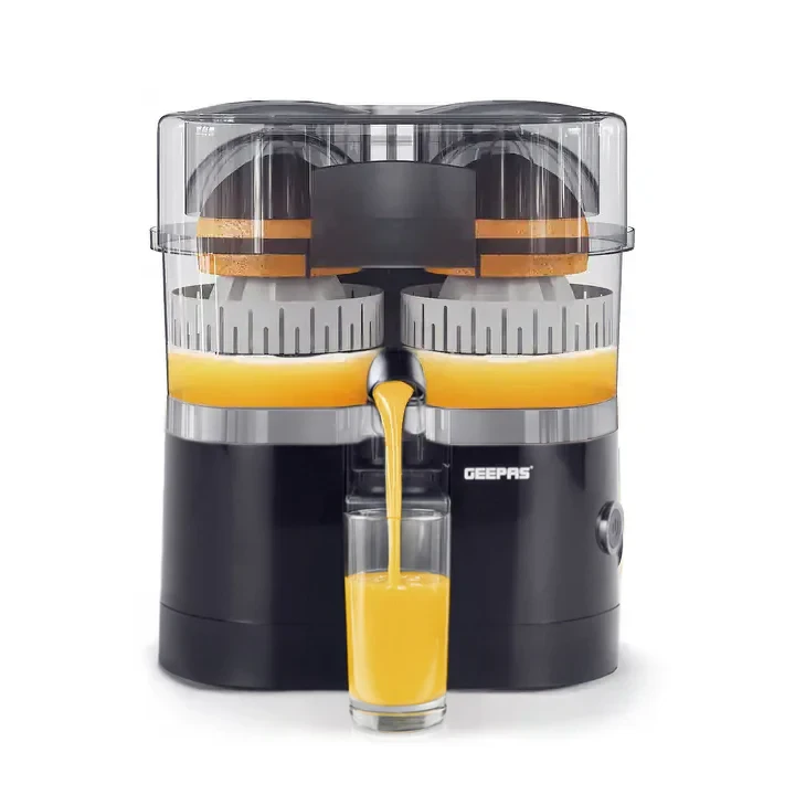 Geepas GCJ5347 Dual Head Citrus Juicer, 100W, comes with a built-in slicer to make fruit preparation easier. It features strength control and one-press operation for hassle-free use, making it a great
