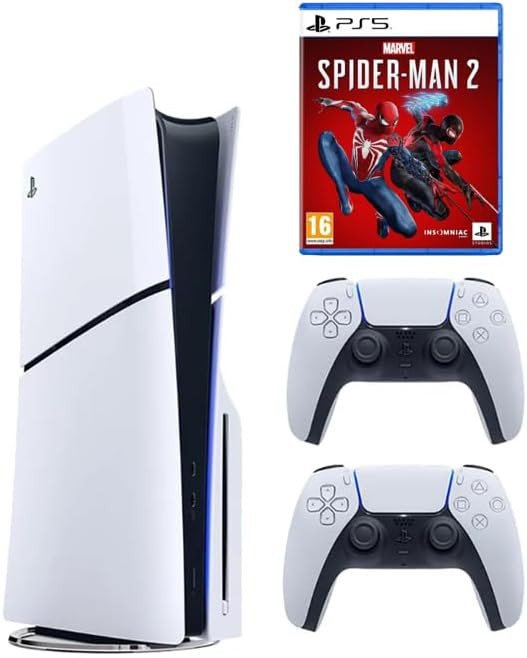 Sony PlayStation 5 Slim Disc Edition from 2023 comes with an extra white DualSense controller and the game Marvel's Spider-Man 2, which is the international version