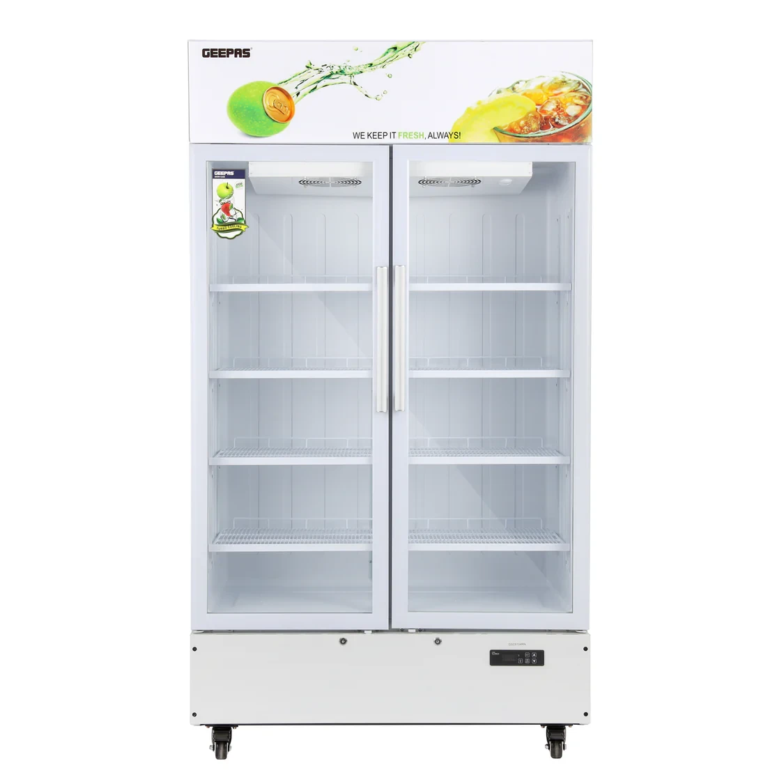 Geepas GSC8104RN Double Door Show Bite 810L Large Capacity LED Digital Temperature Control Fan Cooling No Frost Vertical LED Light