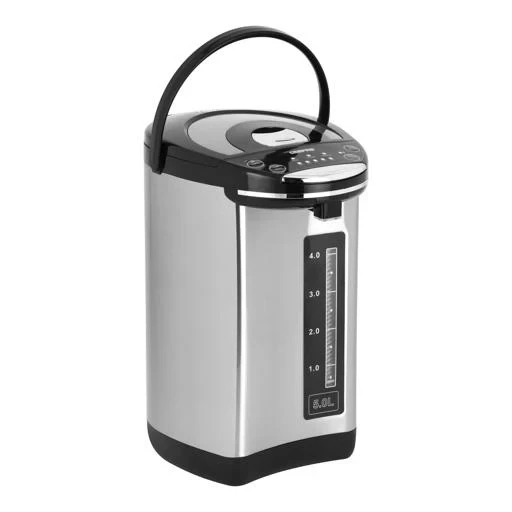 Geepas 5L Electric Thermo Pot GEV5132 with 6-stage adjustable temperature control, keep warm function, purified water mode, and a stainless steel body.