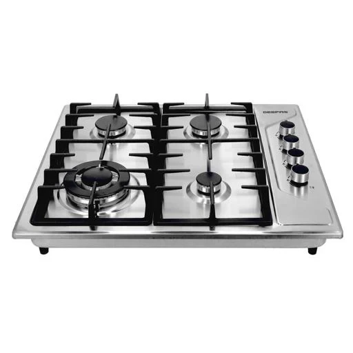 Geepas GGC31035 stainless steel built-in gas hob with Italian design, auto ignition burners, cast iron pan support, and a strong stainless steel body.