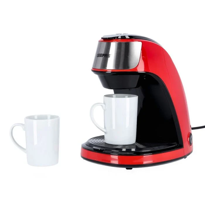 Geepas GCM41508 coffee maker is a 450W compact coffee machine with a transparent water tank, anti-drip function, filter basket, and is easy to clean.