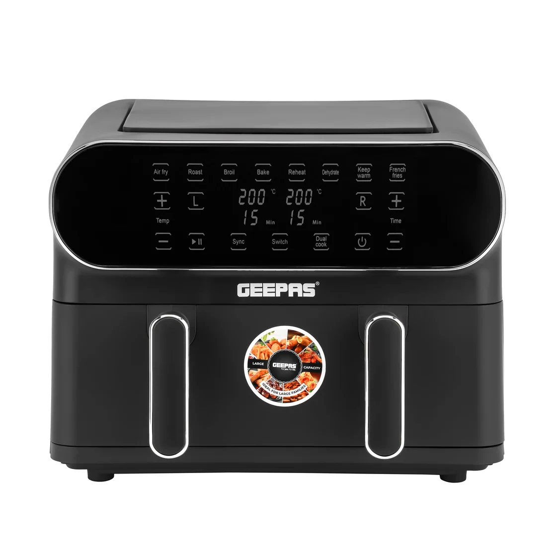 Geepas Digital Air Fryer GAF37532 with a 11-liter capacity, featuring two separate 5.5-liter baskets, advanced Vortex Air Frying technology, a digital display for easy control, a dehydrate function fo