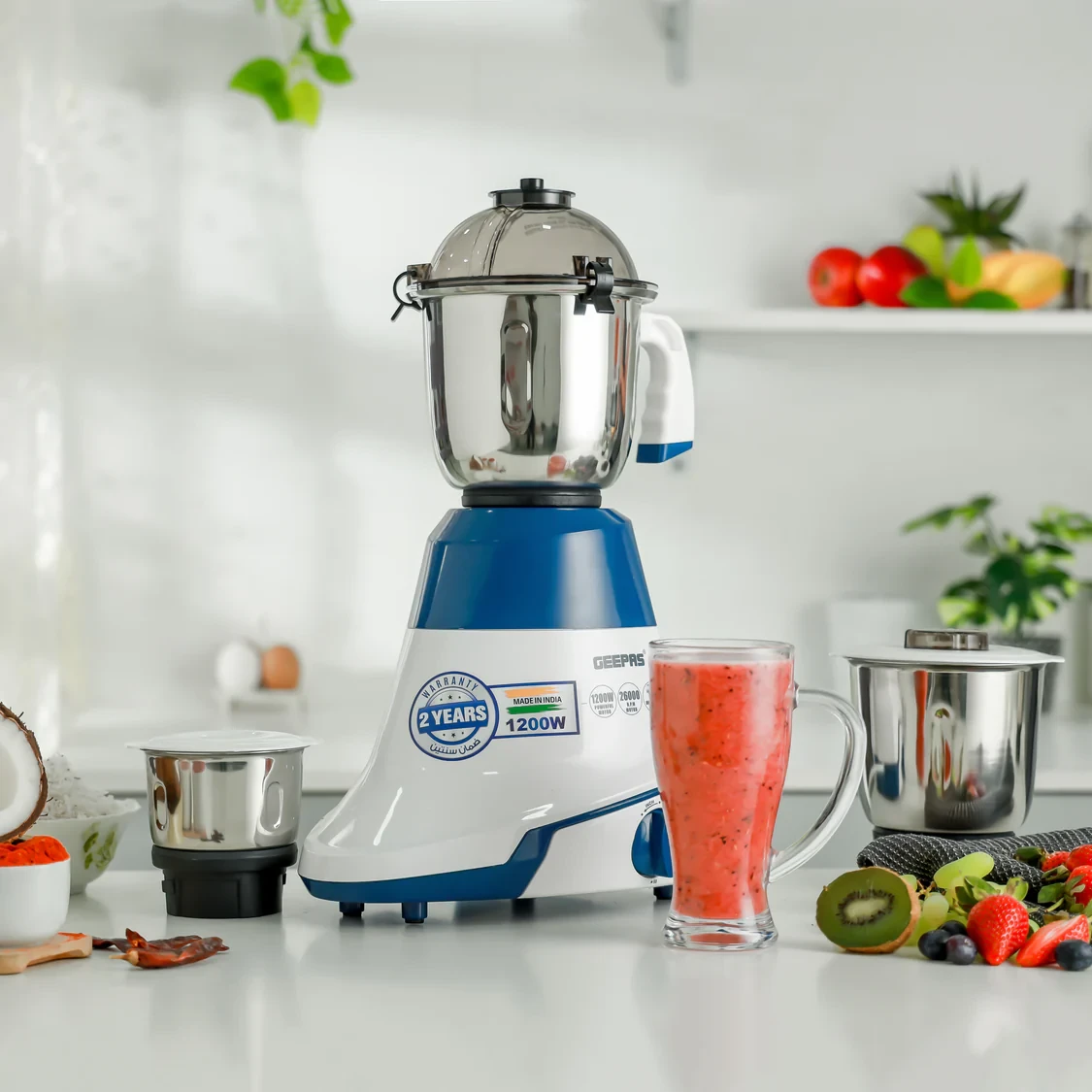 Geepas 3-in-1 Mixer Grinder Model GSB44088 comes with 1200 watts of power and three speed settings. It features an incher for better blending