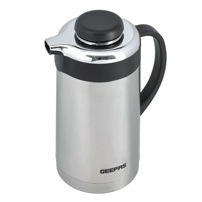 Geepas GVF27016 Stainless Steel Vacuum Flask with a 1.3-liter capacity, features double wall insulation to keep drinks hot or cold for a long time, is leak-proof, and is easy to clean.