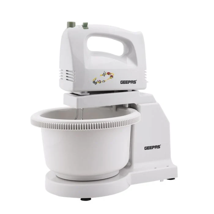 Geepas 200W hand mixer comes with a stand and bowl. It has five speed settings. The mixer includes two detachable stainless steel beaters and two dough hooks. It's great for whipping, blending, and be