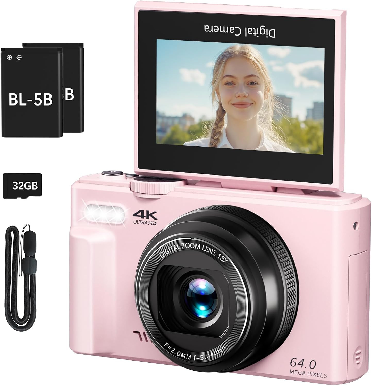 4K Digital Camera for Photography, 64MP Vlogging Camera for YouTube with 3" 180° Flip Screen