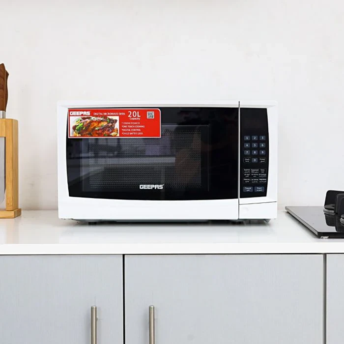 Geepas Digital Microwave Oven GMO1895 has a 20-liter capacity and uses 1200 watts of power. It features a digital control panel and includes one-touch cooking functions. You can also defrost or reheat