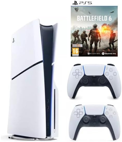 Sony PlayStation 5 Slim model with disc drive, comes with an extra white DualSense controller and includes the game Battlefield 6, international version, featuring a 1TB SSD and 4K gaming capabilities