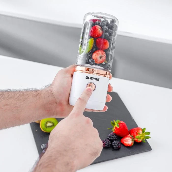 Geepas Rechargeable Portable Blender - GSB44058  420ml Capacity  Single Click Operation  Tritan Bottle with Motor Base  10 to 15 Minutes of Working Time  White Color