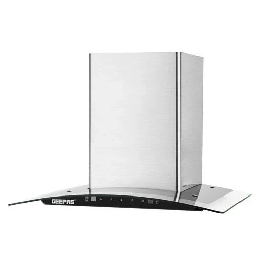 Geepas Glass Hood GHD601GB with 750 m³/hr suction, gesture and 3-speed touch control, baffle plus charcoal filter, LED lights, stylish glass finish, 230W.