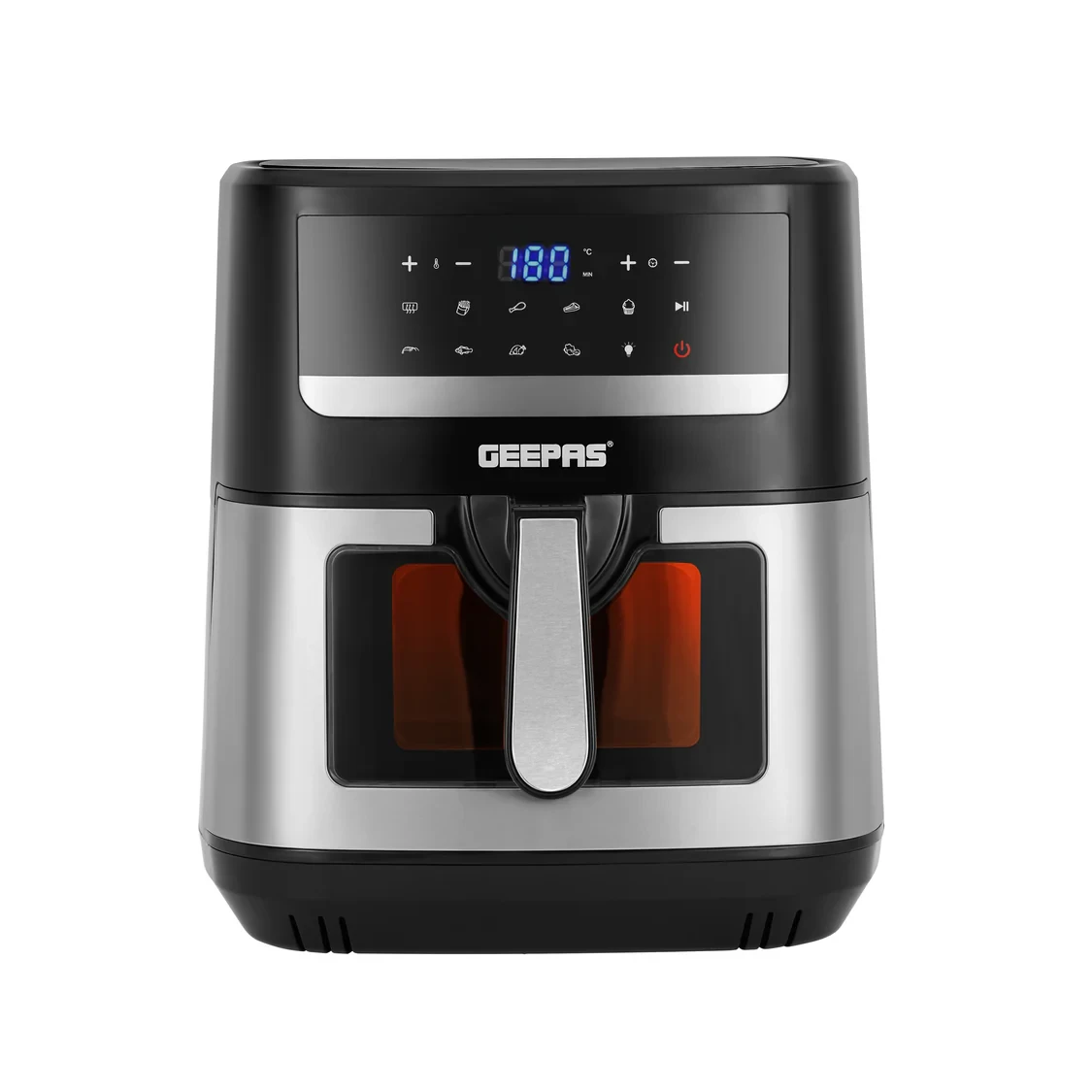 Geepas Double Heating Digital Air Fryer GAF37544 9.2L features Vortex Frying Technology, a Dual Heating System, a Digital Display, 9 Preset Programs, an Adjustable Timer, and Temperature Control.
