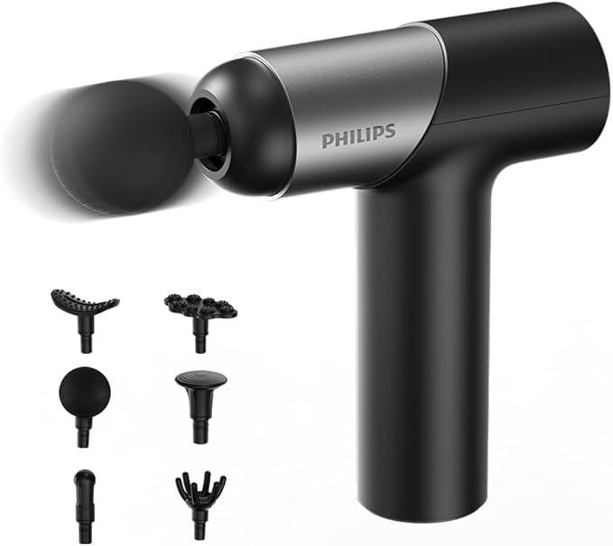 Philips Powerful Massage Gun, Muscle Massage Gun Deep Tissue, Percussion Massage Gun with 6 Replacement Heads, Fascial Gun with 5 Levels of Intensity, Suit for Home Office Gym