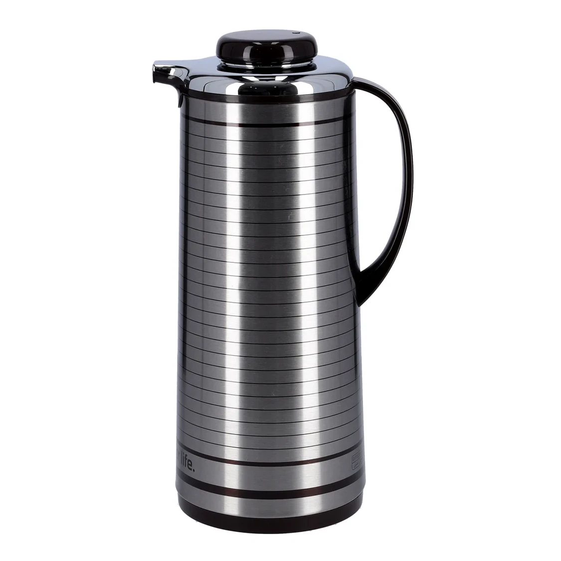 Geepas GVF5260 Vacuum Flask  1.6 liters capacity  Mirror and brown color finish  Made with plastic, iron, glass, and silica gel materials  Keeps hot and cold drinks insulated.