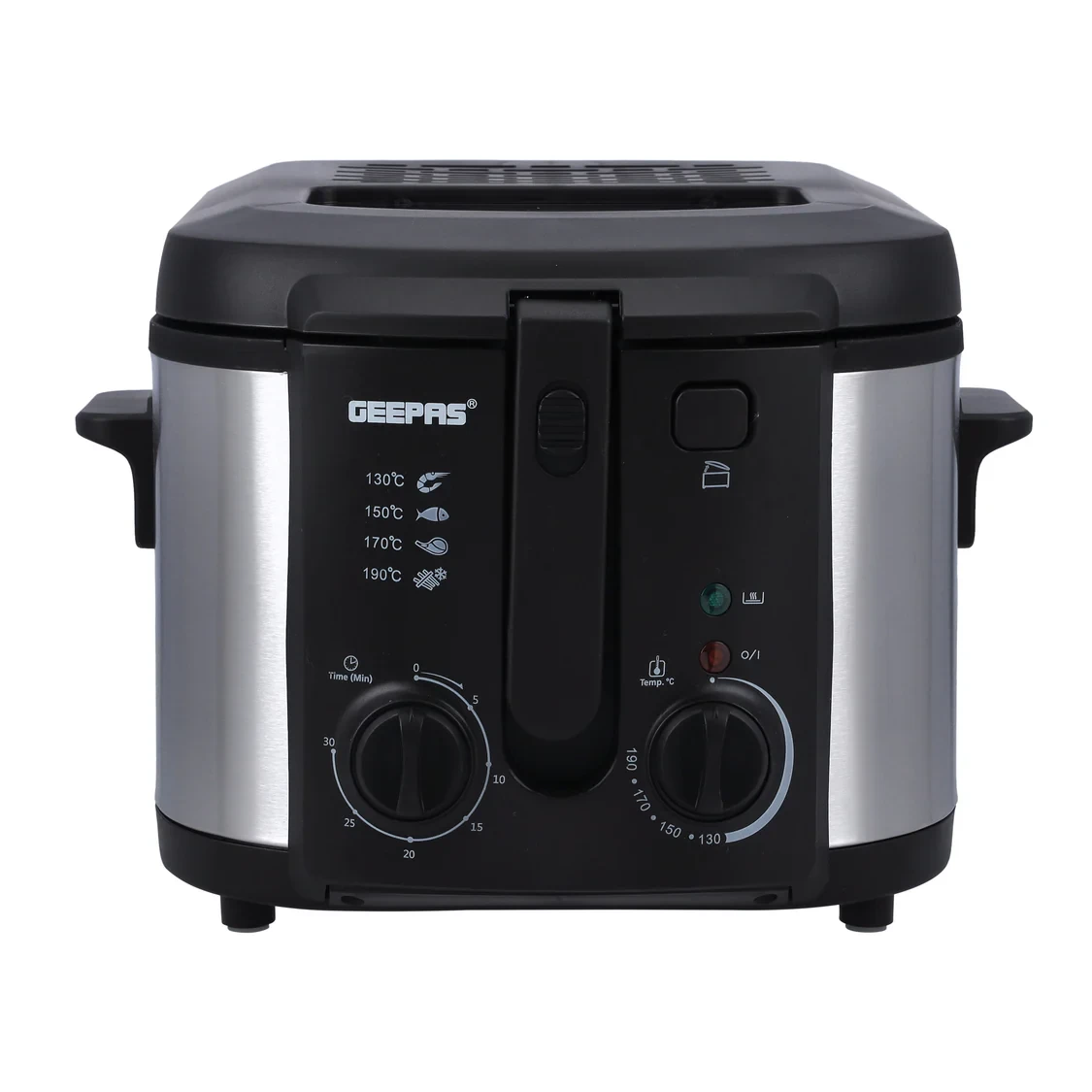 Geepas Deep Fryer - GDF36014 It has an adjustable temperature setting that can go from 130 to 190 degrees Celsius. It also comes with a 30-minute timer and a light that shows when the time is up.