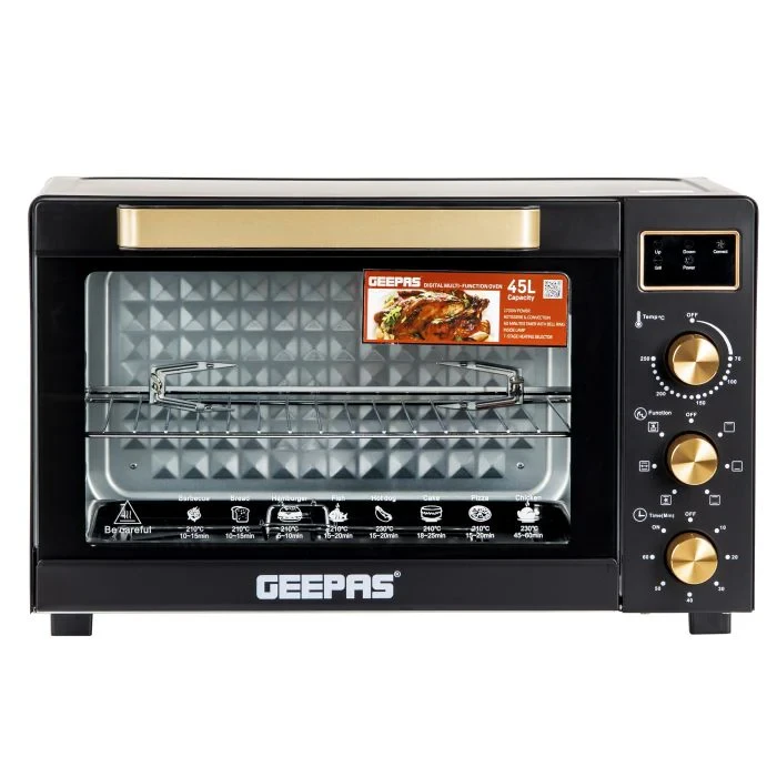 Geepas Digital Multi-Function Oven GO34056 with 45L capacity, 1700W power, convection and rotisserie features, adjustable temperature control, and LED display.