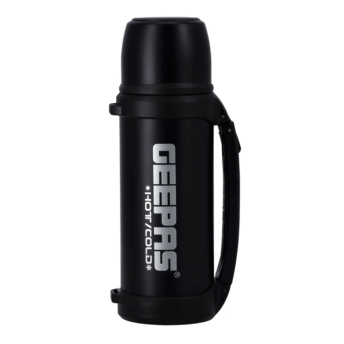 Geepas GSVB4111 Stainless Steel Vacuum Bottle with 1.5 liters capacity, keeps drinks hot or cold for up to 24 hours, made from 188 stainless steel with a copper coating, and has a leak-proof design.