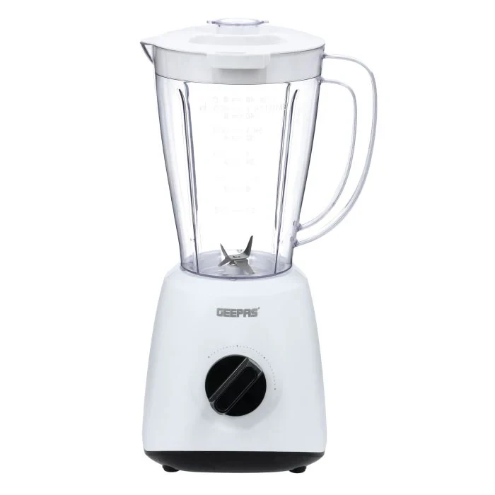 Geepas Blender GSB9894N comes with a 400W strong motor, a 1.5-liter glass container, two speed settings and a pulse function, a stainless steel blade, and a sturdy build.
