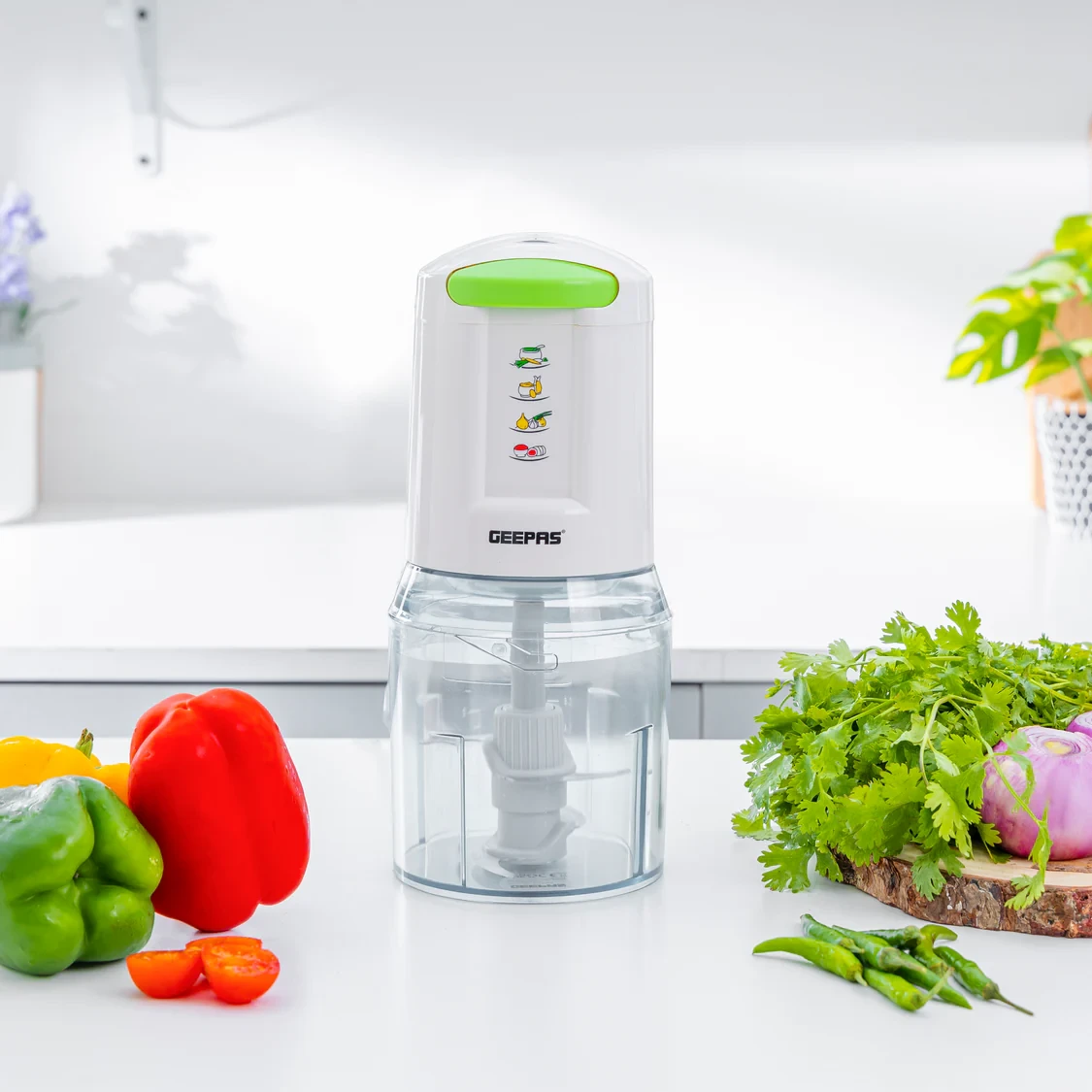 Geepas GC5477 Multi Chopper with a 400W powerful copper motor, 0.5L capacity bowl, stainless steel double blades, safety lock system, compact design, and white color.