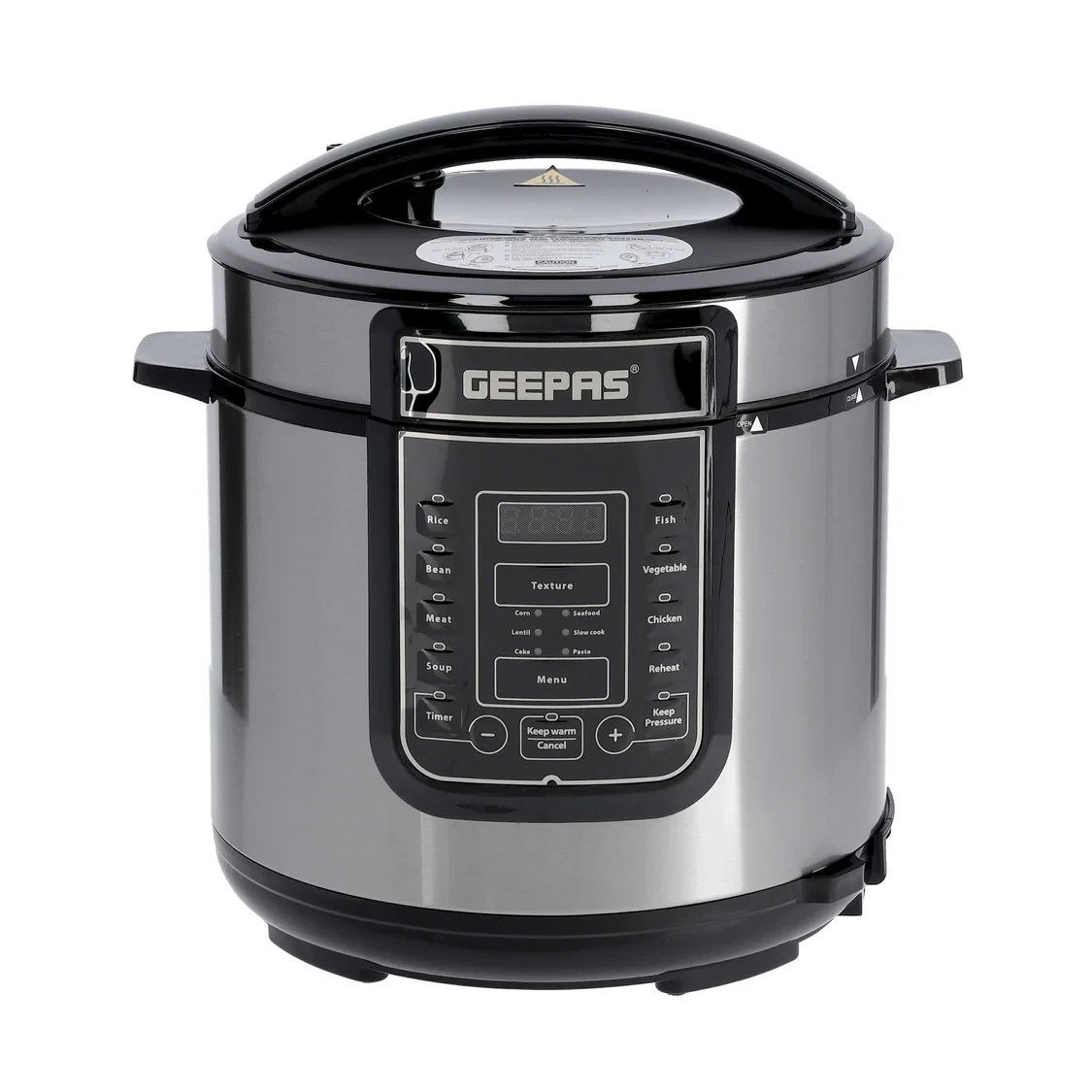 Geepas Digital Multi Cooker GMC5326 with a 6-liter capacity, 1000 watts of power, 14 smart cooking programs, LED display, non-stick inner pot, and safety protection features.