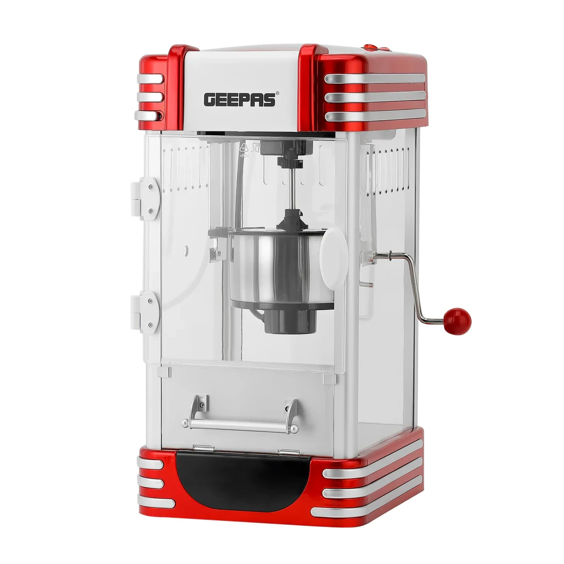 The Geepas GPM839 Popcorn Maker has 310W power, a stainless steel bowl, allows for oil-free preparation, is easy to clean, features an onoff switch, and has an attractive retro design.