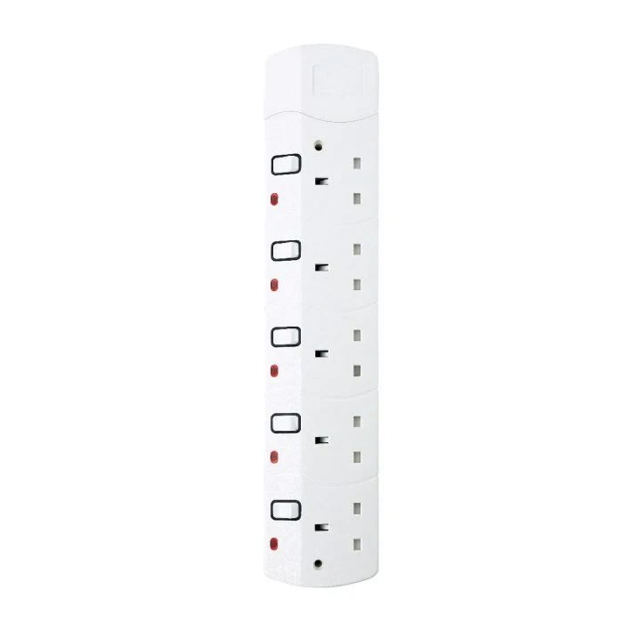 Geepas 5-way extension socket with a 5-meter cord length, multi plug power strip, built with durable and heavy-duty construction.