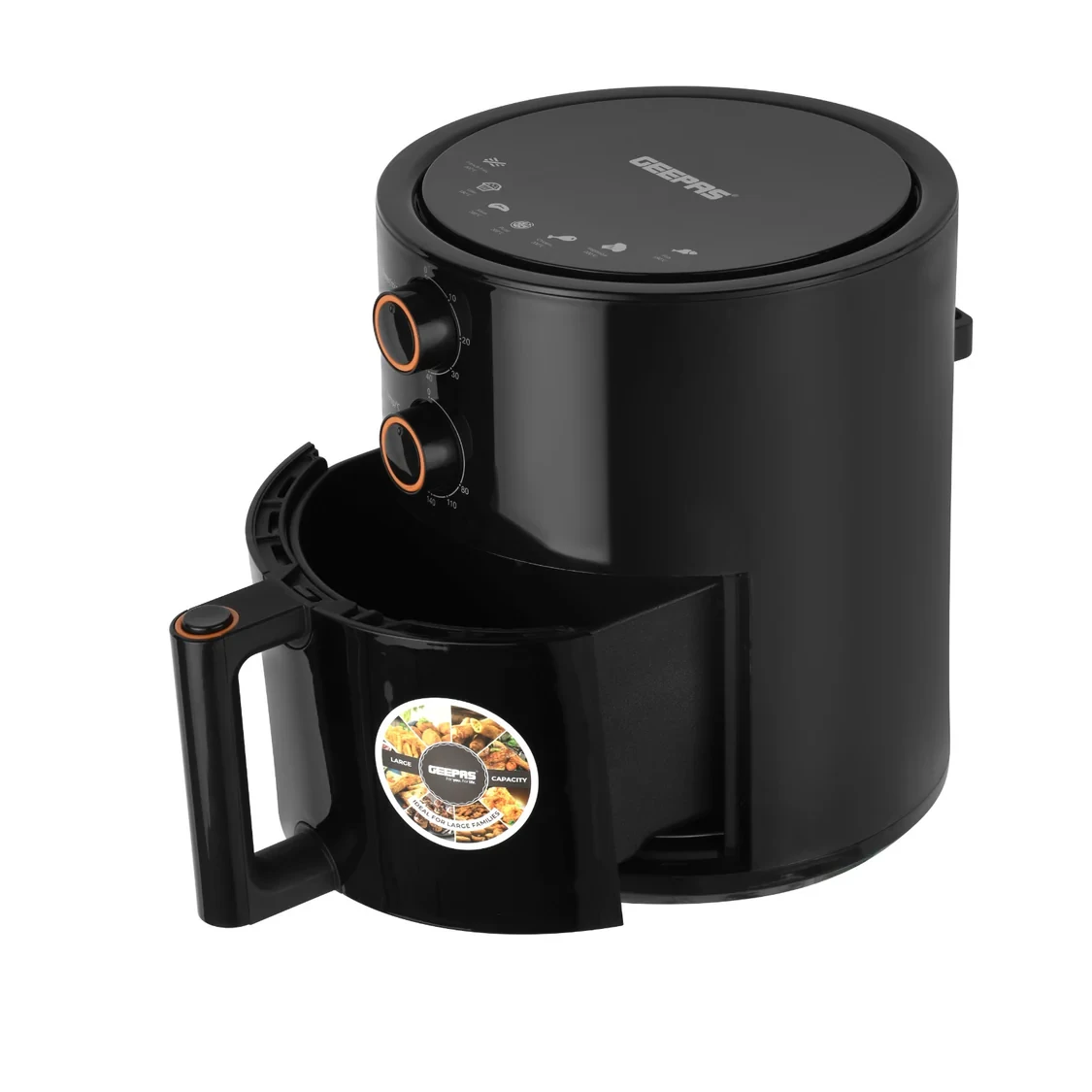 Geepas Air Fryer - GAF37513, 4.0 L capacity, featuring a non-stick coating, equipped with Vortex Frying Technology, offering multiple functions, a timer that can be set from 1 to 60 minutes.