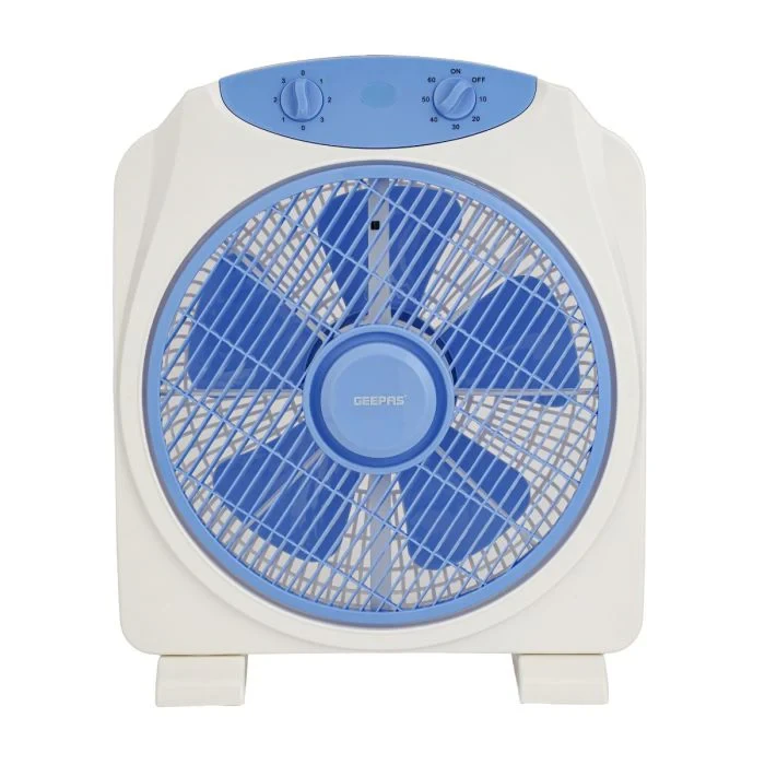 Geepas 12-inch Box Fan - GF21113 offers high performance with three speed settings and powerful blades for effective cooling airflow. It includes a 60-minute timer and features a 50-watt motor.