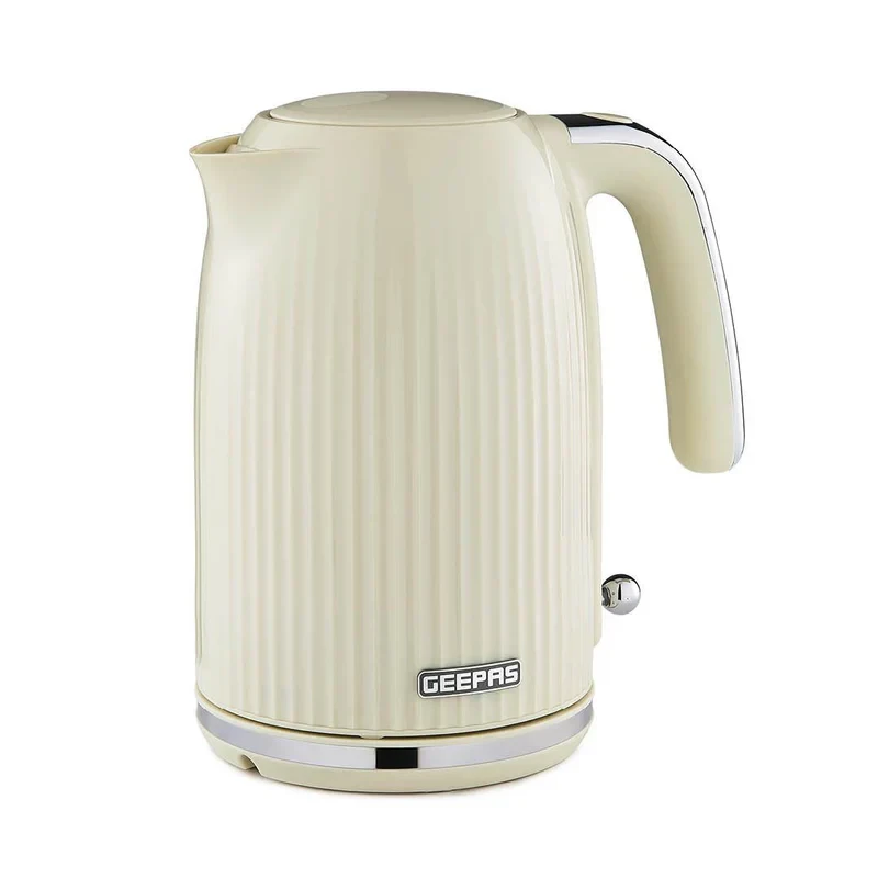 Geepas 1.7L Fluted Jug Kettle GK38068UK-CR with 360 degree rotation, boil-dry protection, and auto cut-off feature. It's suitable for boiling water, milk, and tea. Comes with a removable filter and is