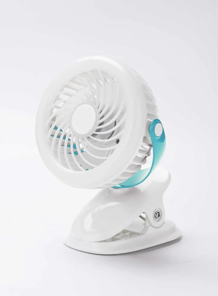 Geepas GF21137 Rechargeable Clip Fan with Light, a portable 2-in-1 cooling fan and LED lamp that can be charged via USB. It features an adjustable tilt and a grip clip for easy use. The fan can run fo