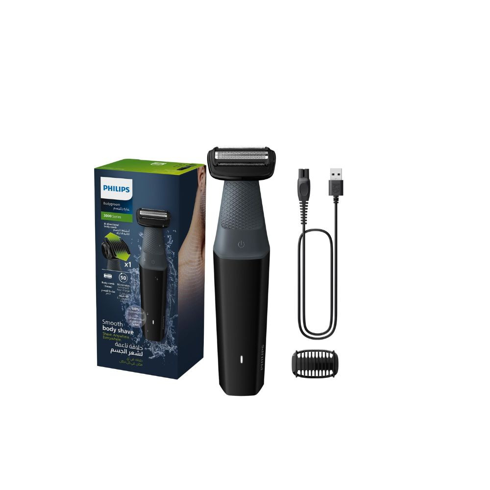 Bodygroom BG3017/01,Showerproof Groin & Body Trimmer,Hypoallergenic Blades, Close & Comfortable Shave, 3mm Comb,50min Cordless, Ergonomic Grip Black/Grey/Silver