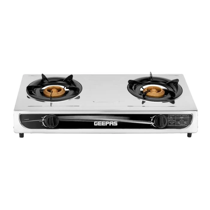 Geepas GK6898 is a two-burner gas cooker with a stainless steel body. It features two high-efficiency burners, an auto ignition system, a flame failure device, and an easy cleaning design.