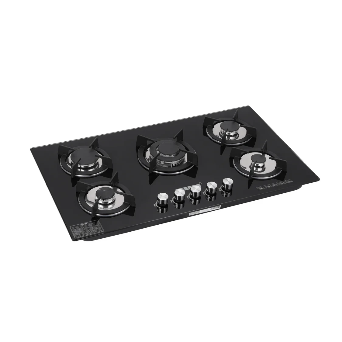 Geepas GGC31011 Glass Gas Hob with 5 burners, auto ignition, toughened glass surface, cast iron pan supports, and a triple ring wok burner.