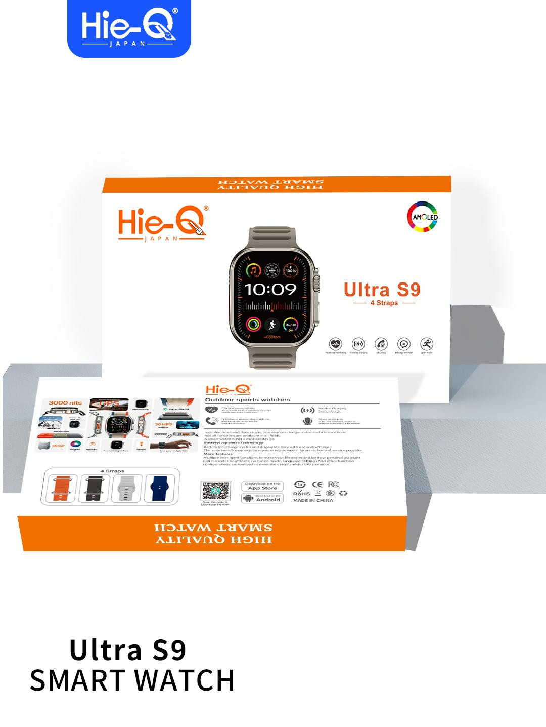 HIE- Q ULTRA S9 Smart Watch 2.20 Full Screen Wireless Charging Bluetooth Calling Heart Monitoring 4 Belt Strips Communication announcements
