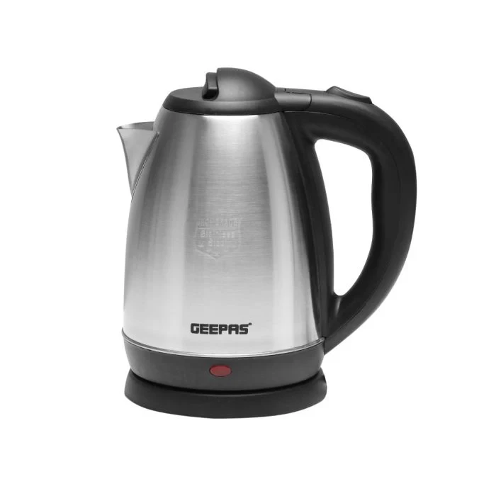 Geepas GK5454 is a stainless steel electric kettle with a 1.8-liter capacity and 1800 watts of power. It has an automatic shut-off feature and boil-dry protection for safety. The handle stays cool to 