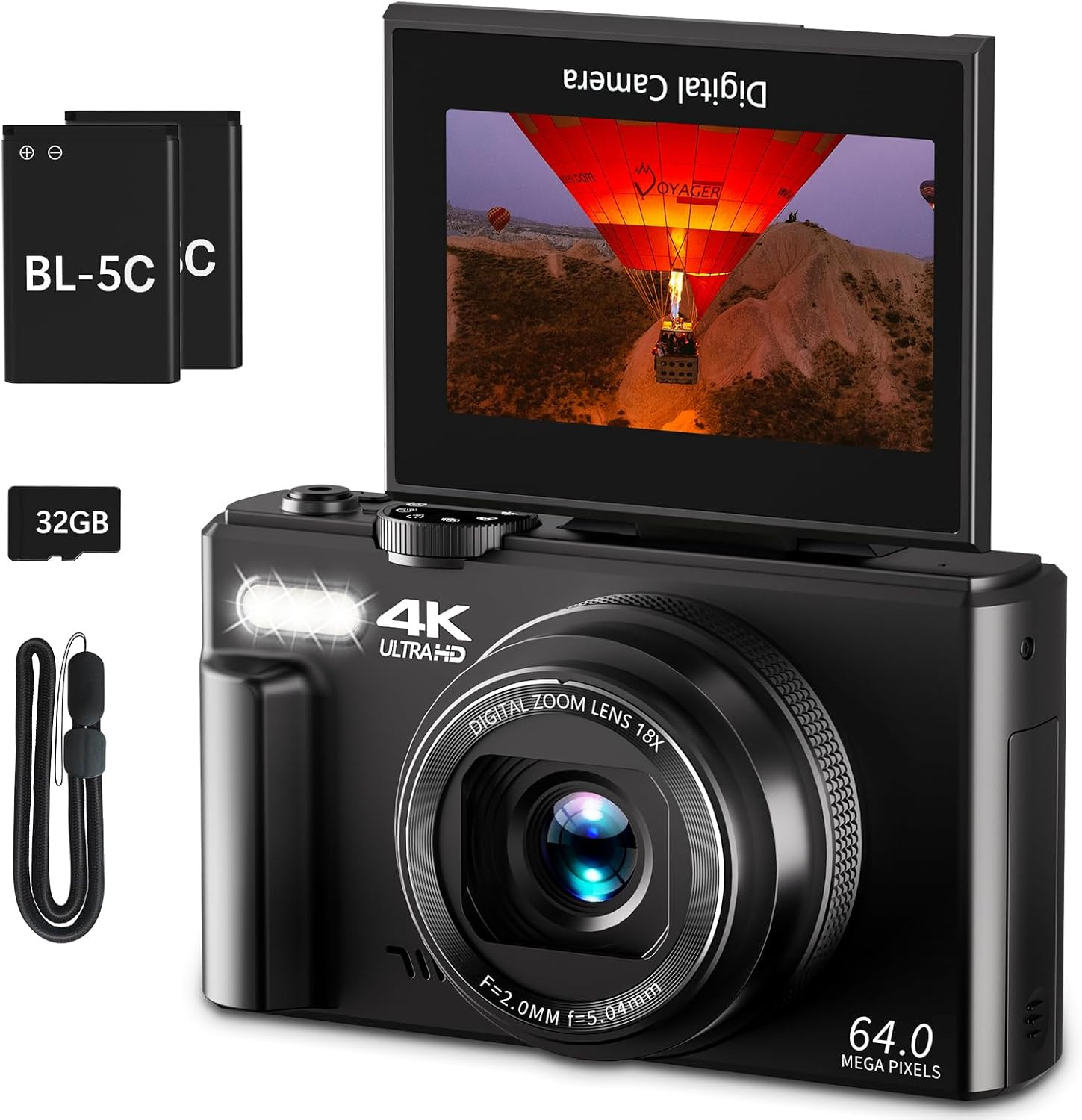 VJIANGER 4K Digital Camera for Photography, 64MP Vlogging Camera for YouTube with 3" 180° Flip Screen